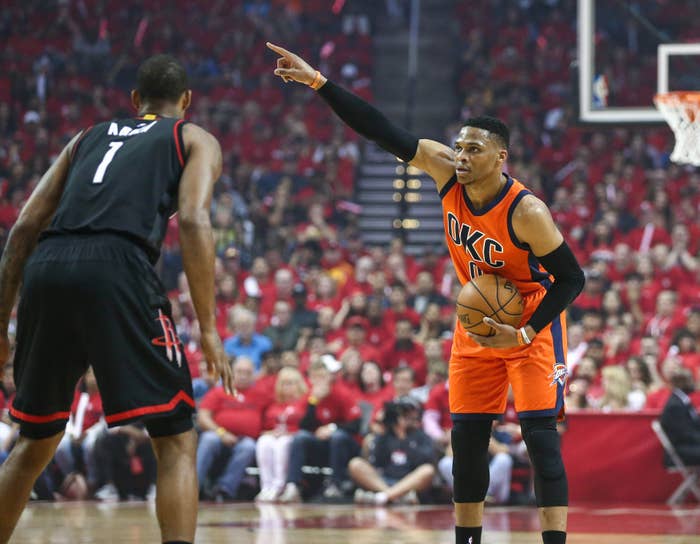 Russell Westbrook Rockets Thunder Game 2 2017 Pointing