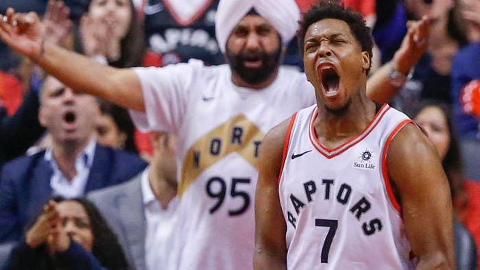 Kyle Lowry screams at game in Toronto&#x27;s Scotiabank Arena while Superfan Nav Bhatia cheers on