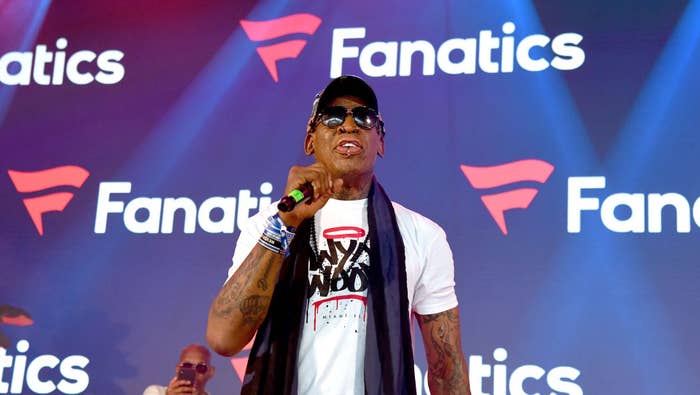 Dennis Rodman speaks onstage at Mike Rubin&#x27;s Fanatics Super Bowl Party