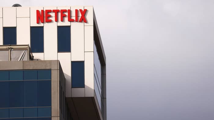The Netflix logo is displayed at Netflix&#x27;s Los Angeles headquarters on October 07, 2021 in Los Angeles.