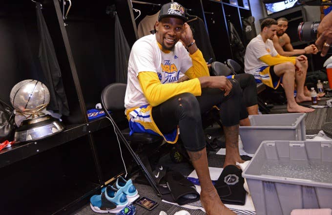 Kevin Durant celebrates the Warriors' Western Conference Finals win.