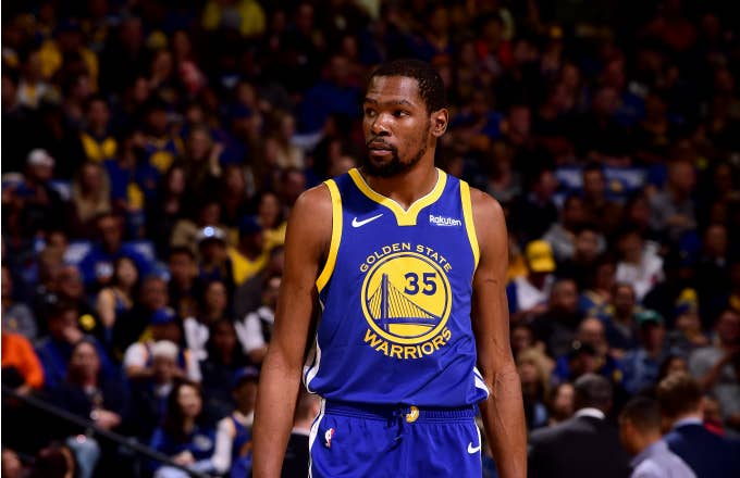 Kevin Durant #35 of the Golden State Warriors looks on