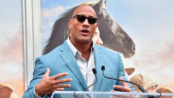 Dwayne Johnson speaks at Kevin Hart&#x27;s Hand and Footprints ceremony.