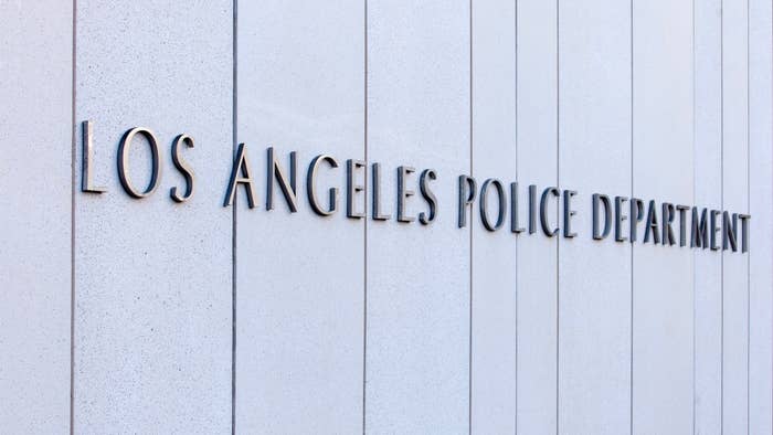 Los Angeles Police Department officers are deployed around the police headquarters