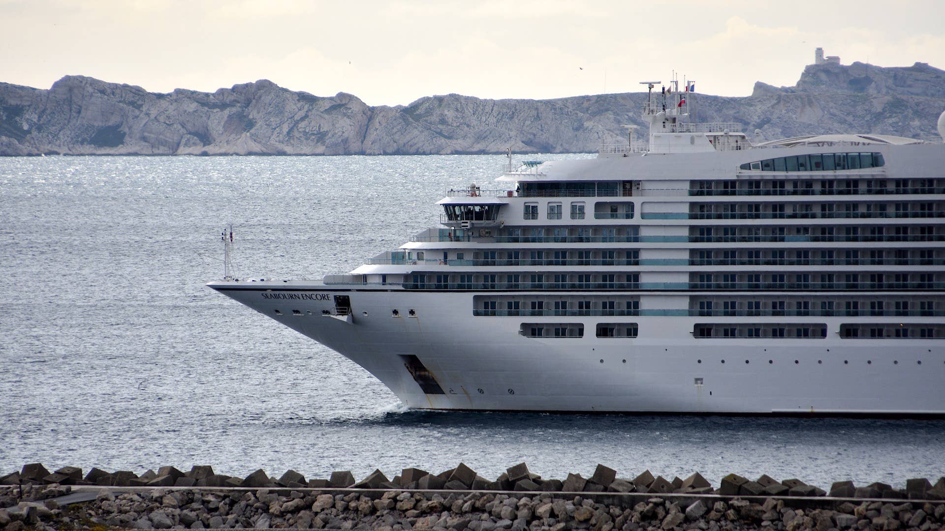 The liner Seabourn Encore cruise ship arrives in the French Mediterranean port of Marseille
