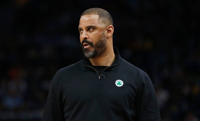 Ime Udoka wearing black looking left