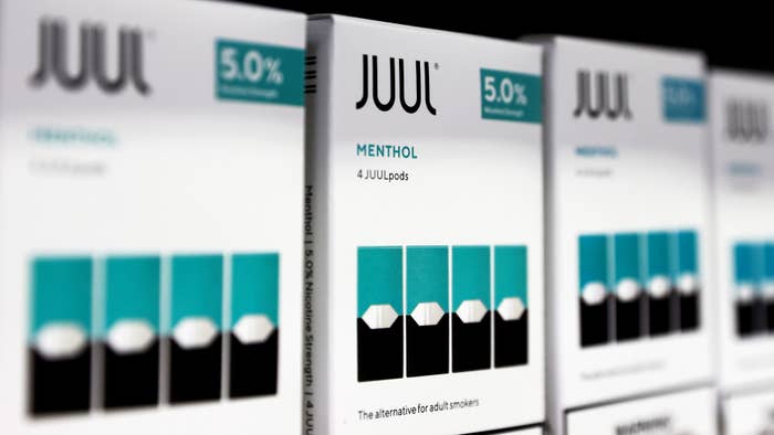 Packages of Juul e-cigarettes are displayed for sale in the Brazil Outlet shop.