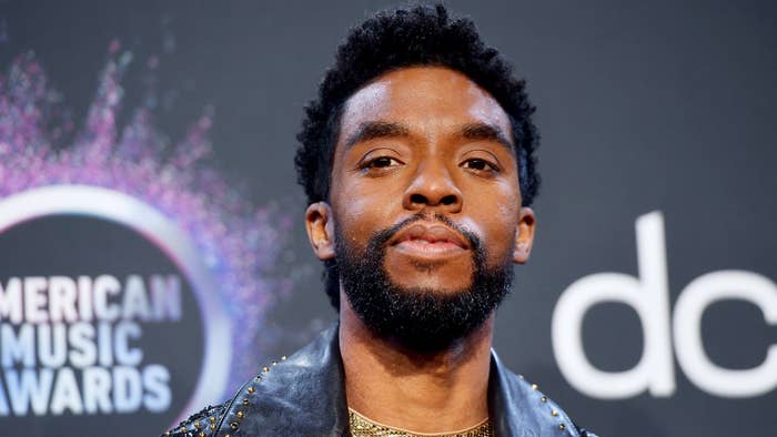 Chadwick Boseman poses in the press room during the 2019 American Music Awards at Microsoft Theater.