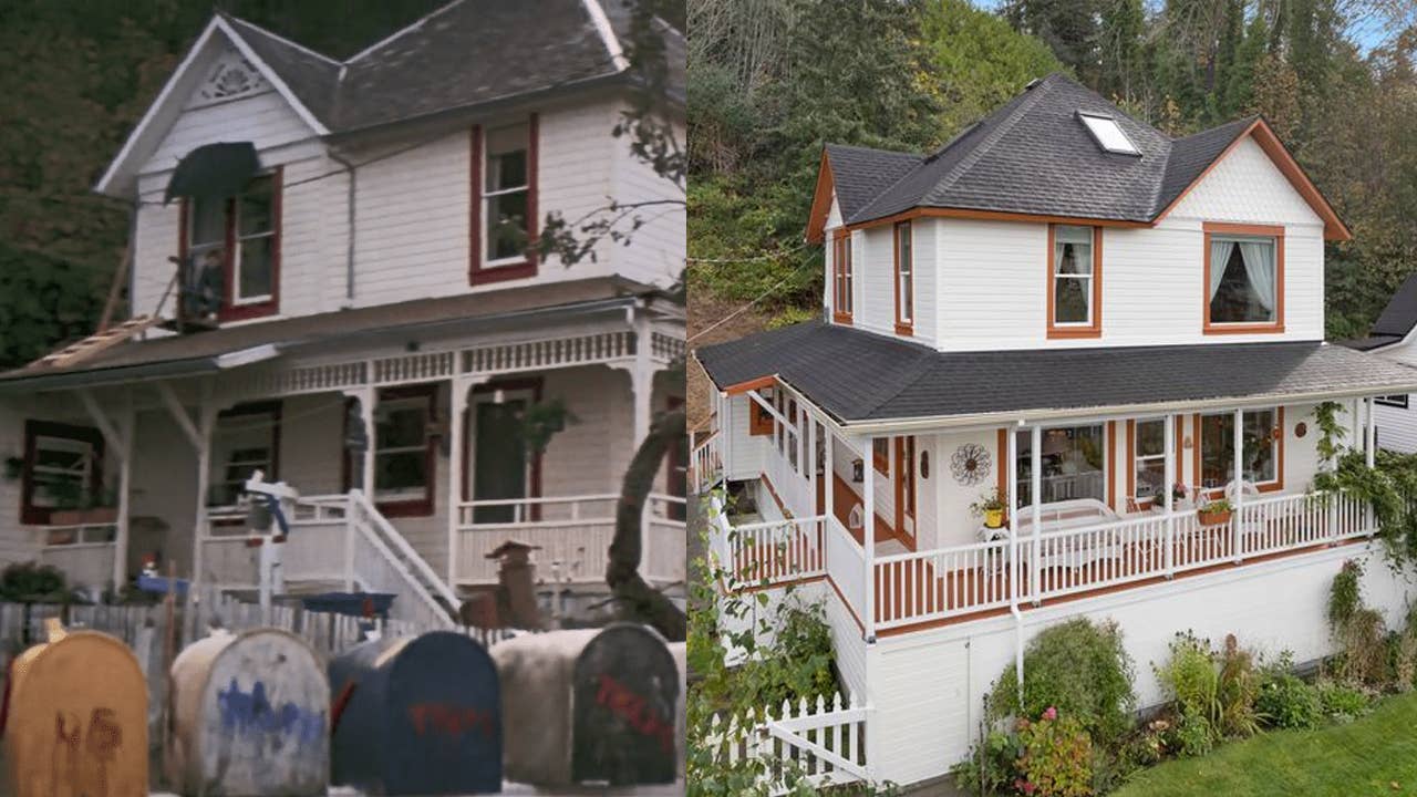 A splice image of the goonies house then and now