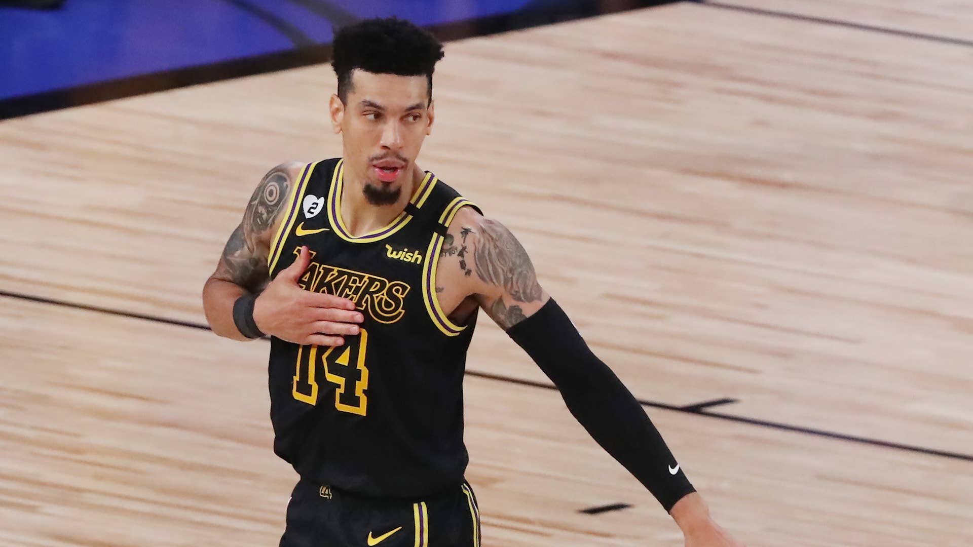 Danny Green reacts during the fourth quarter against the Heat in Game 5 of the 2020 NBA Finals.