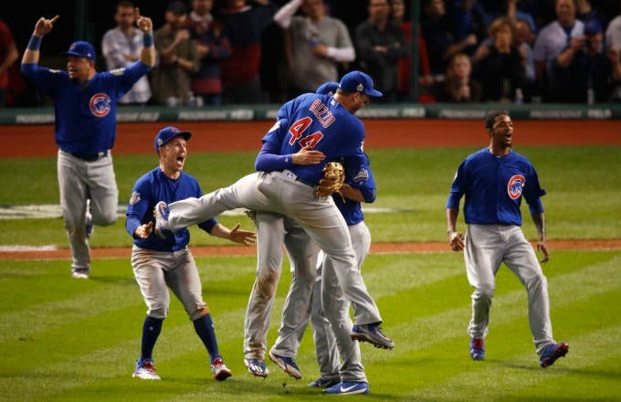 Cubs celebrate World Series win.