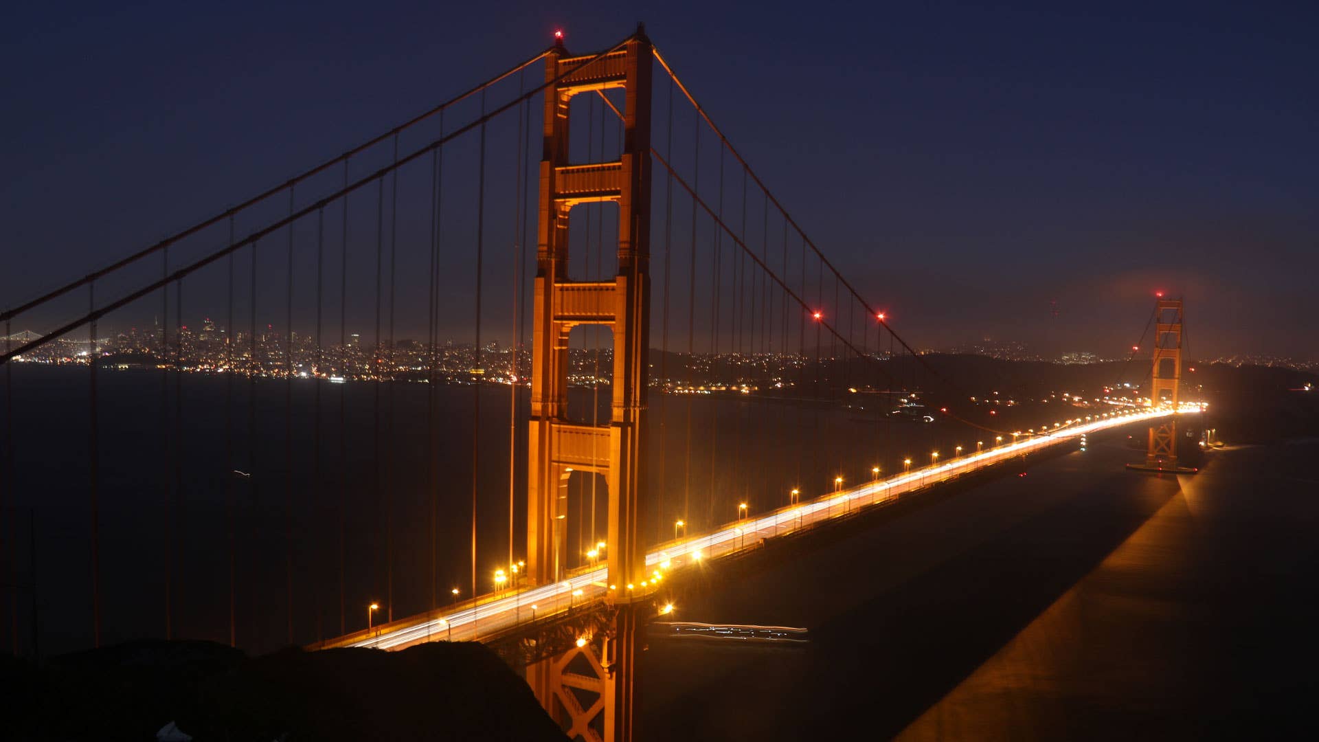 The Golden Gate Bridge at night.