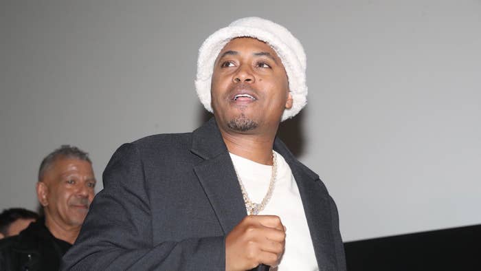 Nas speaks onstage during You&#x27;re Watching Video Music Box at AMC Magic Johnson Harlem