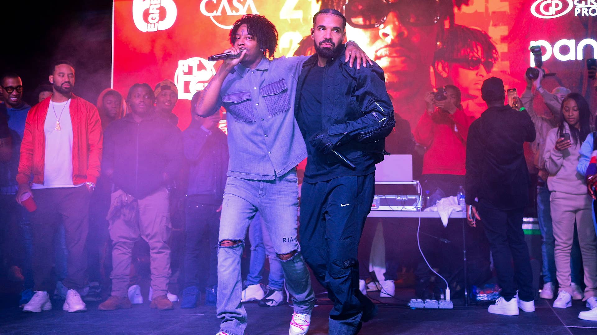 Drake performing with 21 Savage