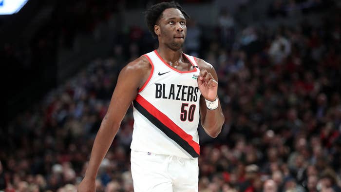 Caleb Swanigan #50 of the Portland Trail Blazers reacts in the second quarter against the San Antonio Spurs during their game