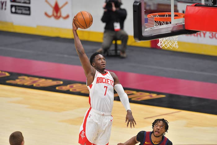 Victor Oladipo performs a dunk for the Houston Rockets