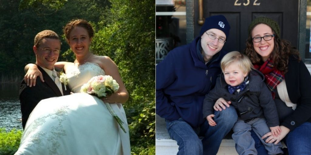 Image split into two parts: On the left, a bride in a wedding dress and groom smile outdoors. On the right, the couple with a child pose in front of a door. Names unknown