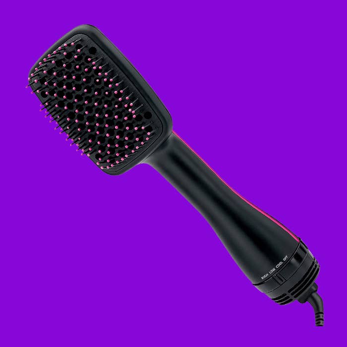 Hairbrush-style hairsbreadth  dryer with a rectangular brushwood  head, featuring aggregate  bristles, designed for styling and drying hairsbreadth  efficiently