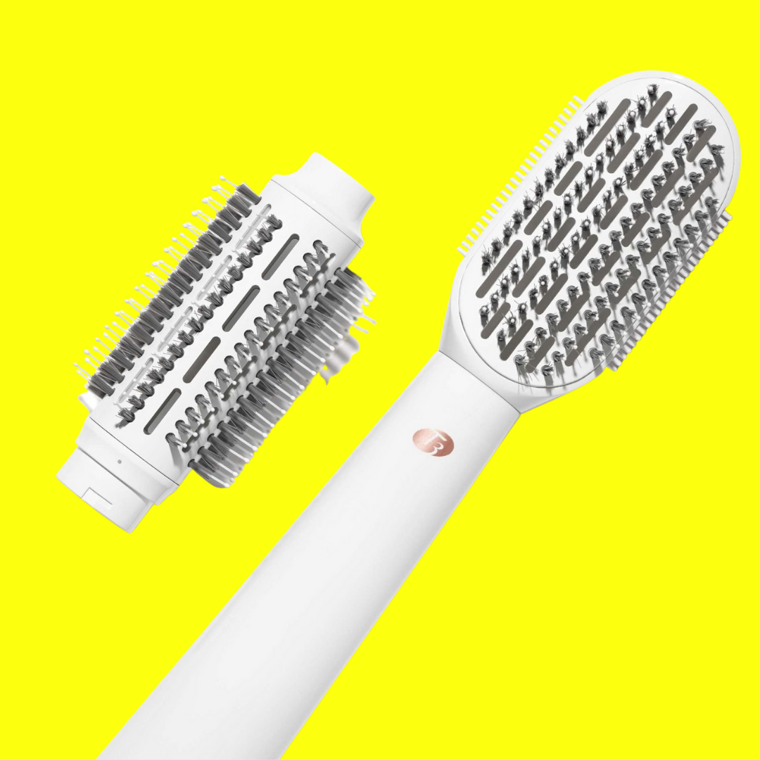 Two modern   hairsbreadth  styling tools with interchangeable brushwood  heads displayed against a yellowish  background