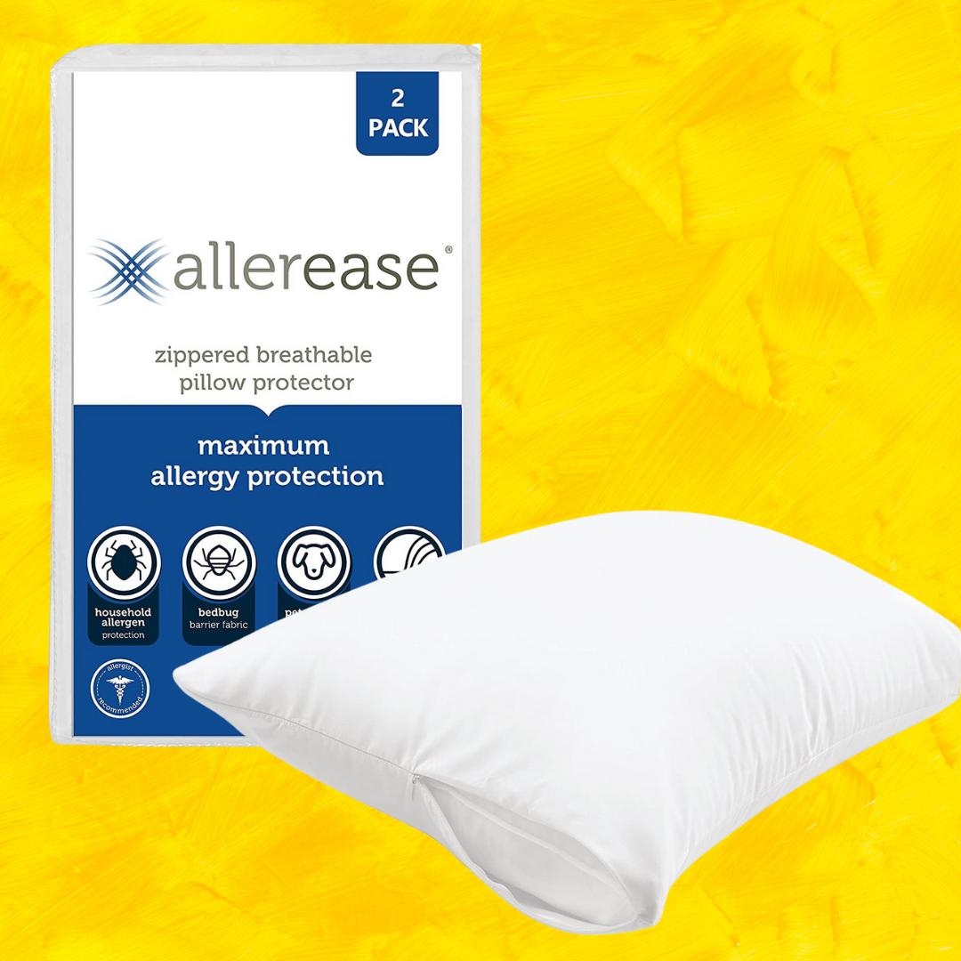 AllerEase zippered breathable pillow protector packaging with icons highlighting allergy extortion  features, shown with a achromatic  pillow