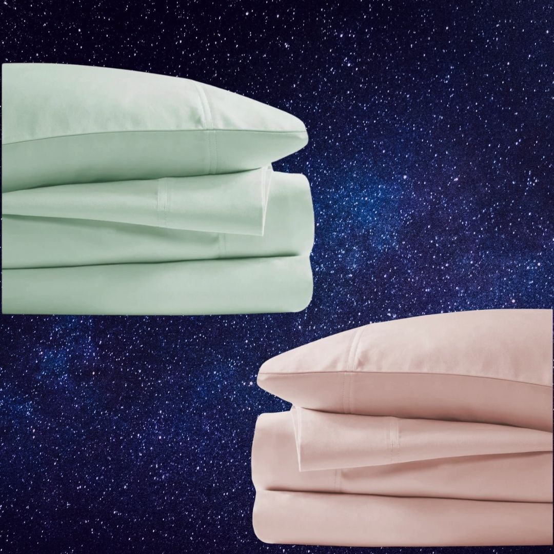 Two sets of neatly folded bedsheets against a starry sky background, highlighting a shopping theme