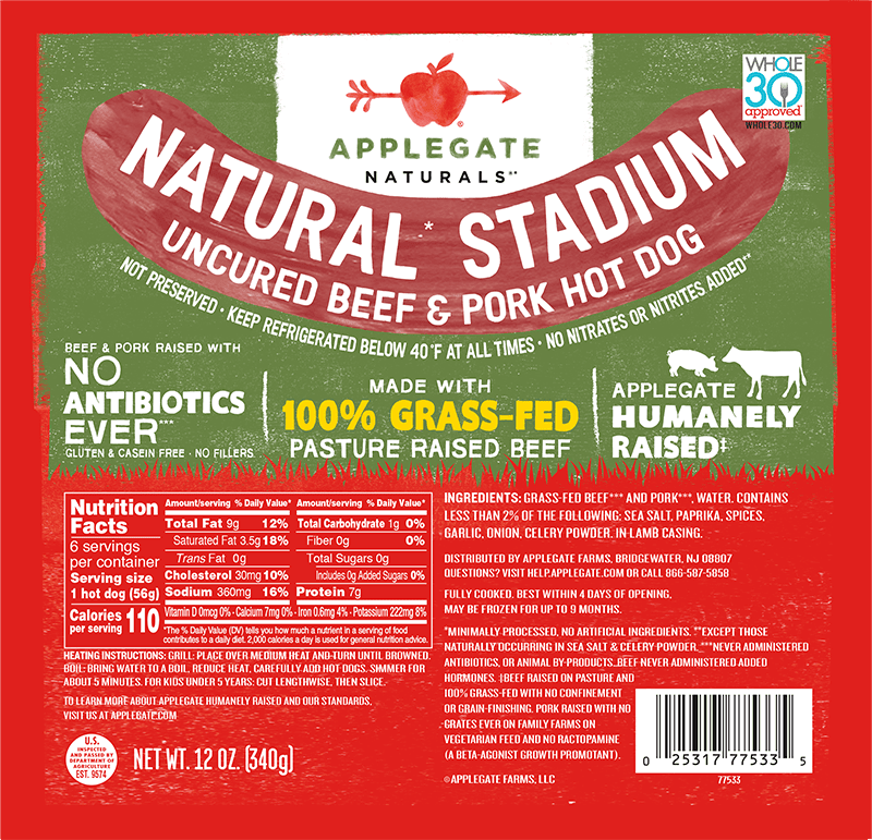 Applegate Naturals Natural Stadium Uncured Beef &amp;amp; Pork Hot Dog packaging with nutrition facts, ingredients, and product claims on the front