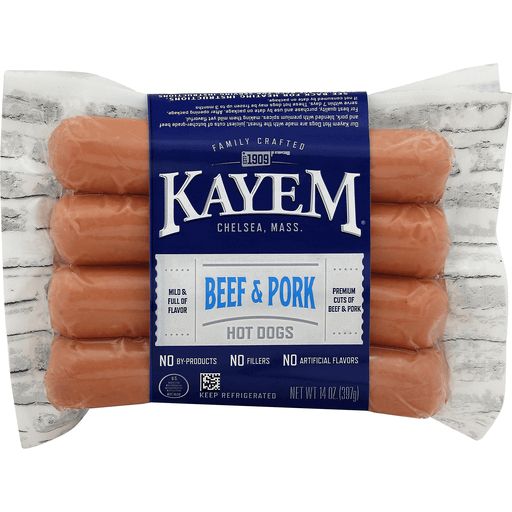 Package of Kayem Beef &amp;amp; Pork Hot Dogs featuring six hot dogs, labeled &quot;No By-Products,&quot; &quot;No Fillers,&quot; and &quot;No Artificial Flavors,&quot; with instructions to keep refrigerated