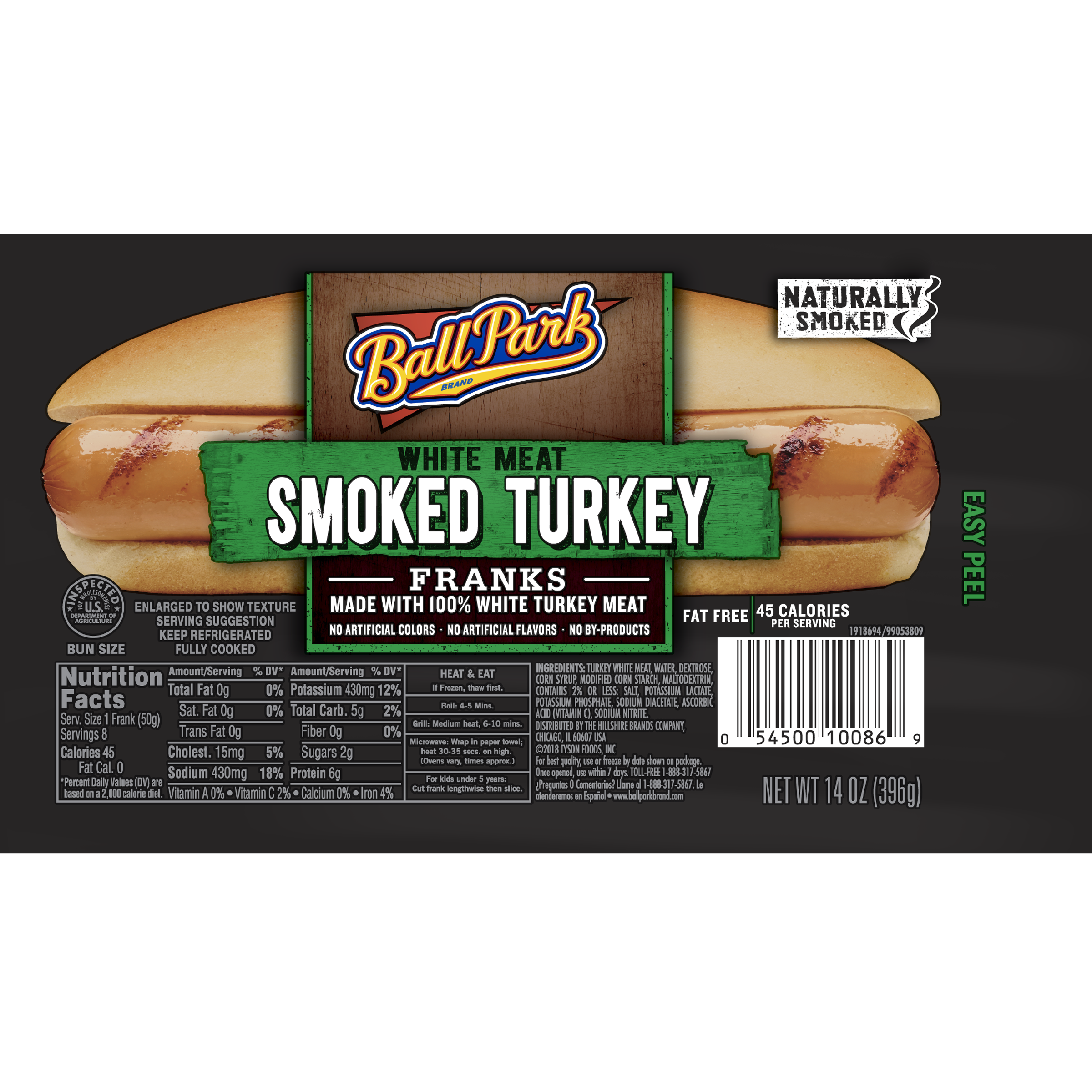 Packaging for Ball Park White Meat Smoked Turkey Franks. It highlights 100% white turkey meat, no artificial colors, flavors, or by-products. 45 calories per frank