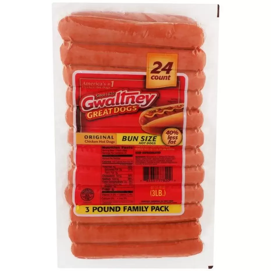 Package of Gwaltney Great Dogs, 3-pound family pack of original bun-size chicken hot dogs, 24 count, labeled with &quot;40% less fat&quot; and &quot;America's #1&quot;