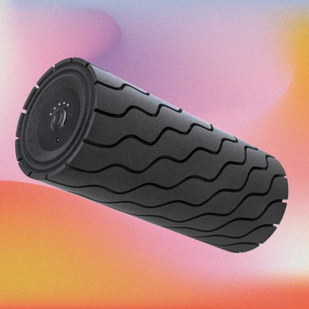 Vibrating foam roller with a wavy texture for musculus betterment and relaxation, featured against a gradient background