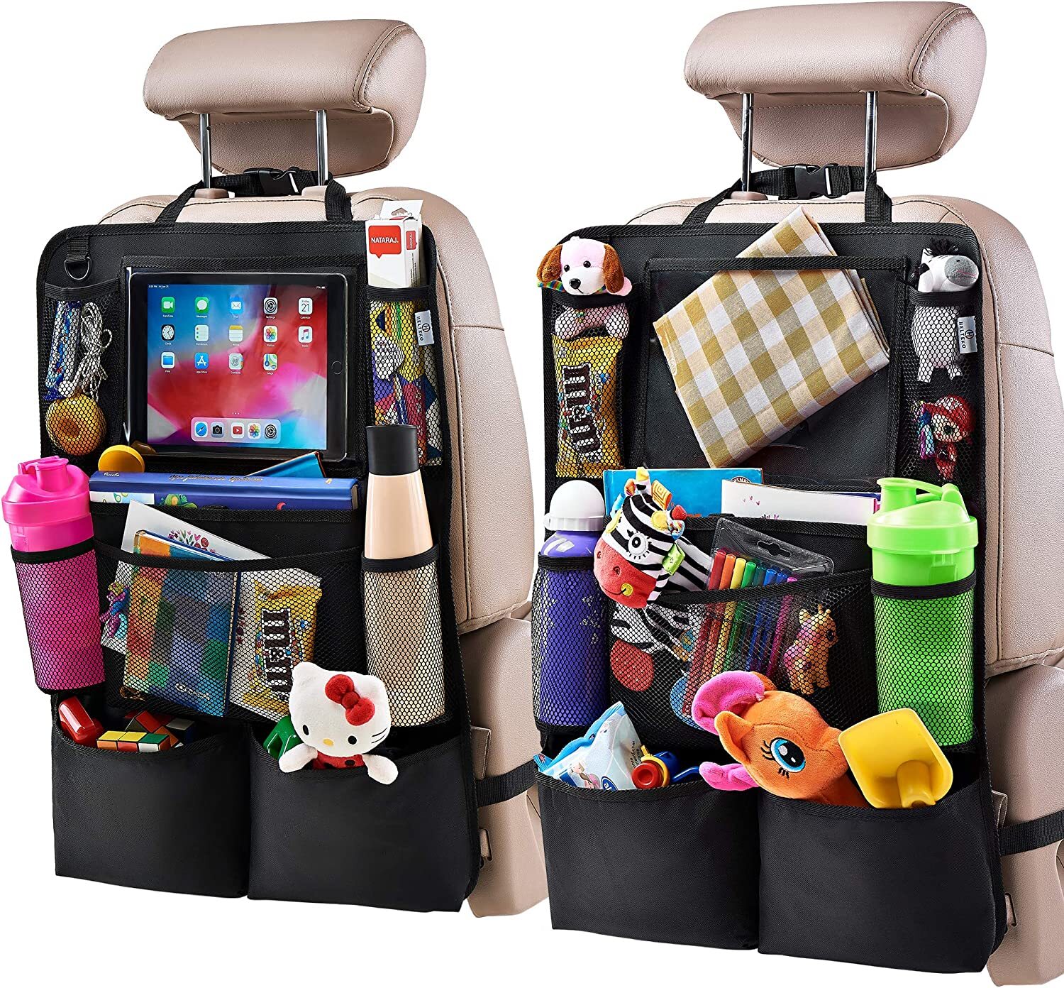 Car seat organizers containing an iPad, multiple water bottles, toys, snacks, books, and various other small items