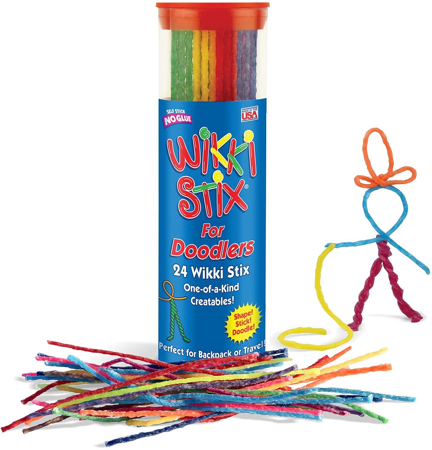 Image of a container labeled &quot;Wikki Stix for Doodlers&quot; with 24 colorful, bendable sticks spilling out and shaped into a stick figure next to the container