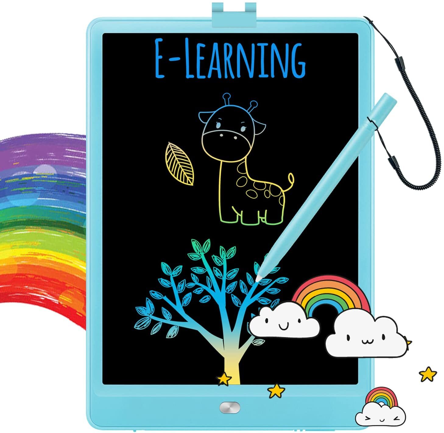 E-learning tablet with a drawing of a giraffe, tree, and rainbow, alongside cartoon clouds and a rainbow, with a stylus attached