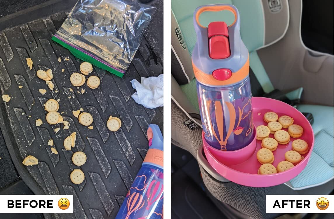 Before and after image of crackers in a car. Before: crackers scattered on a car mat. After: crackers neatly placed in a tray with a bottle