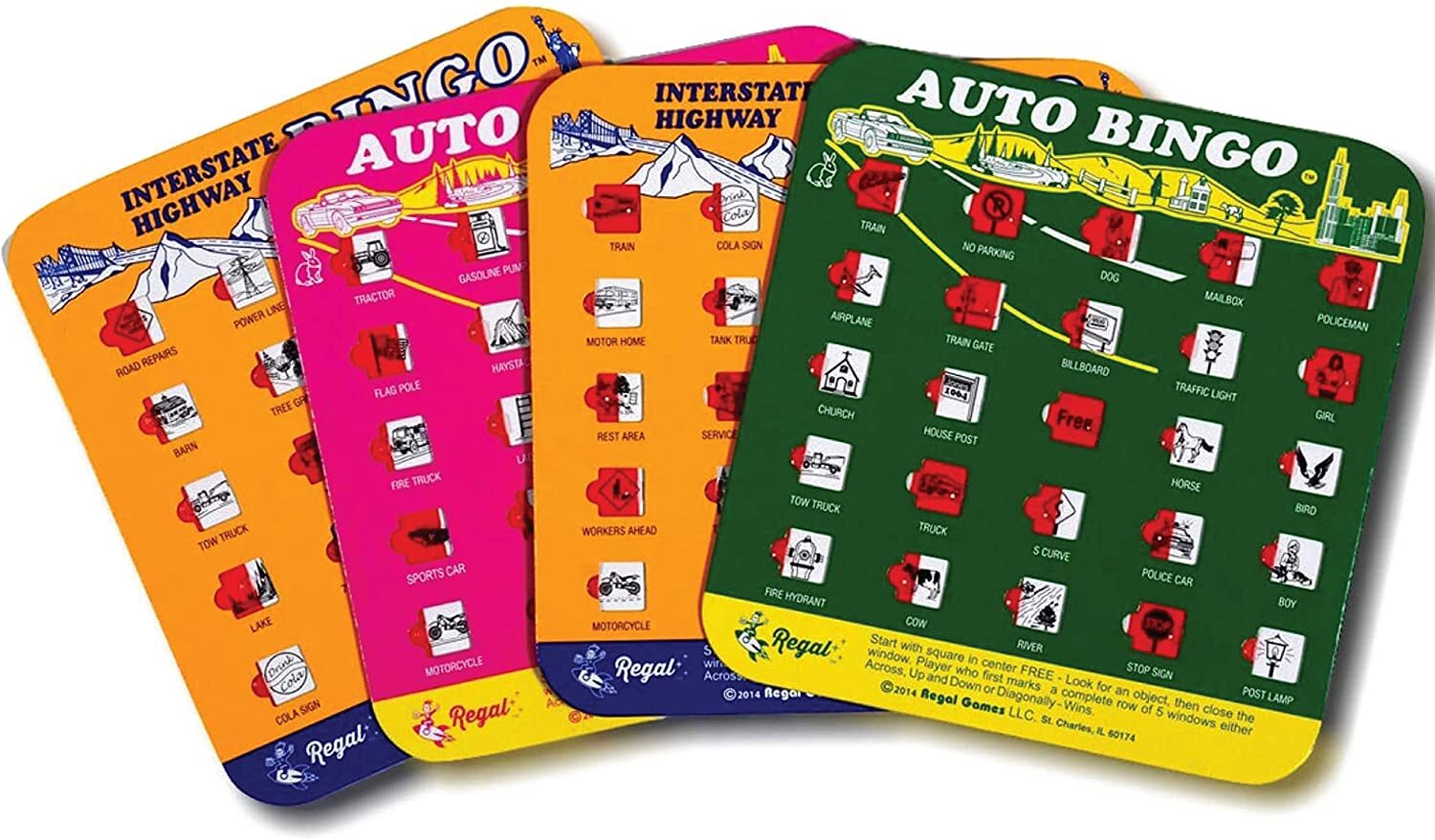 Auto Bingo cards showing various items to spot while traveling on highways, such as farm animals, gas stations, and different road signs