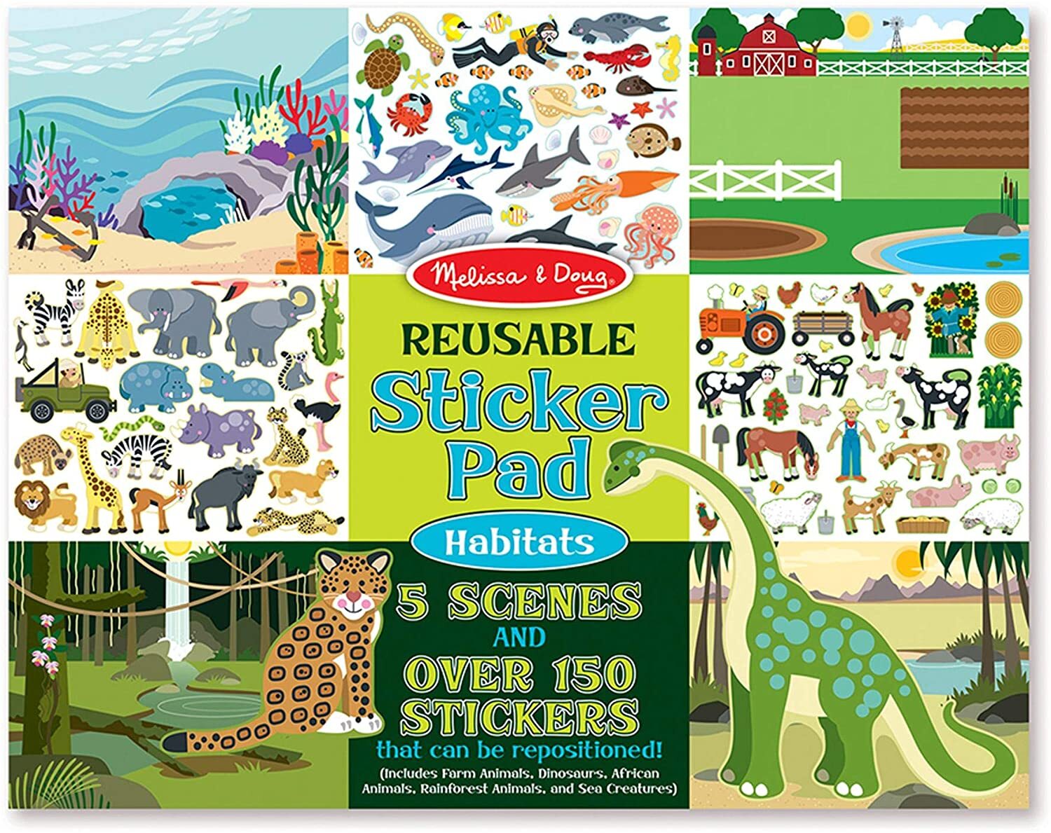 Melissa &amp;amp; Doug Reusable Sticker Pad &quot;Habitats&quot; with 5 scenes and over 150 stickers, including animals and habitats like farm, jungle, and underwater