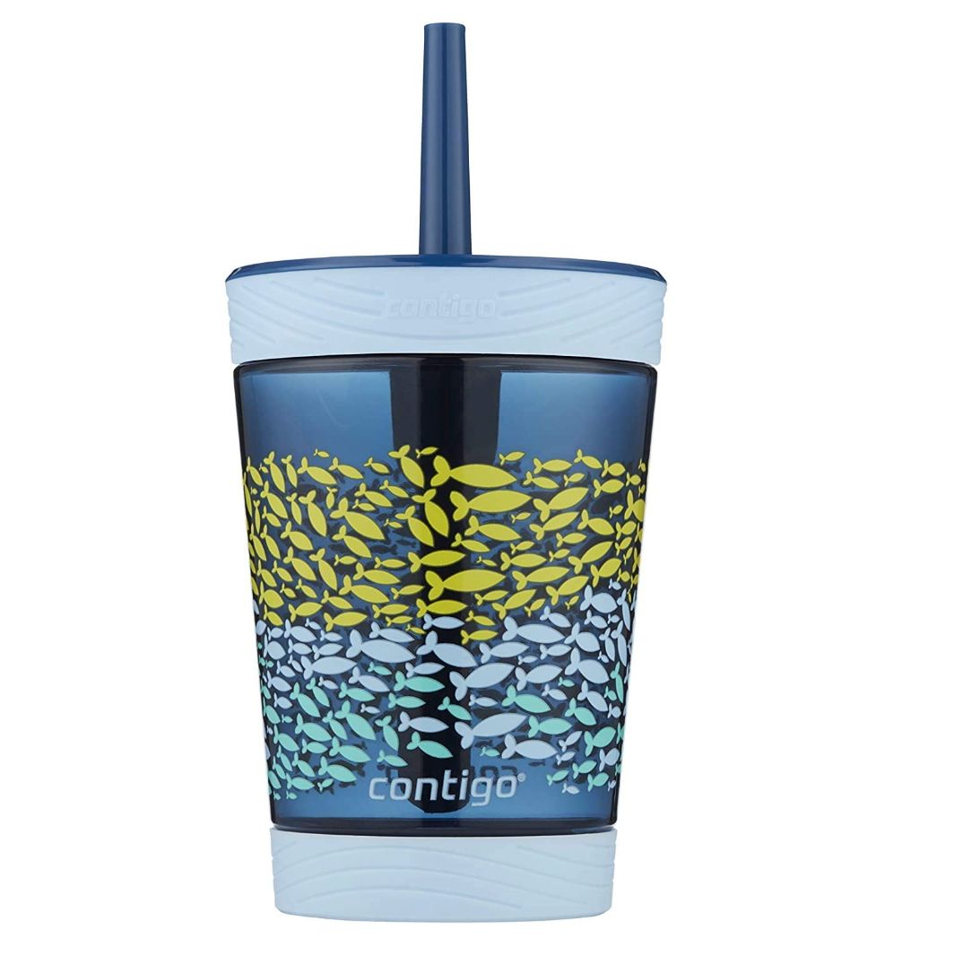 Contigo water bottle with a lid and straw, featuring a design of numerous small fish swimming around the middle section