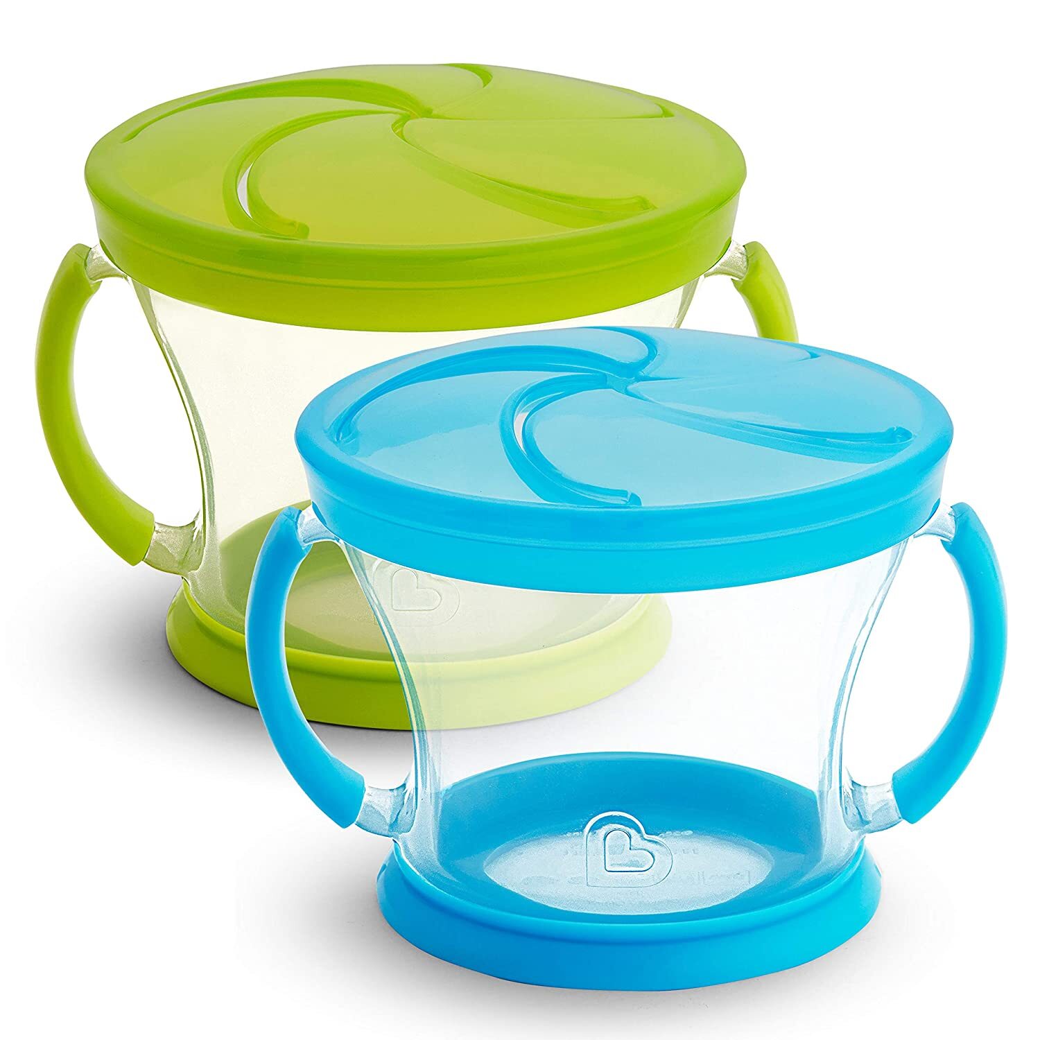 Two snack containers with handles, one green and one blue, both with lids designed to allow small hands to reach snacks while preventing spills