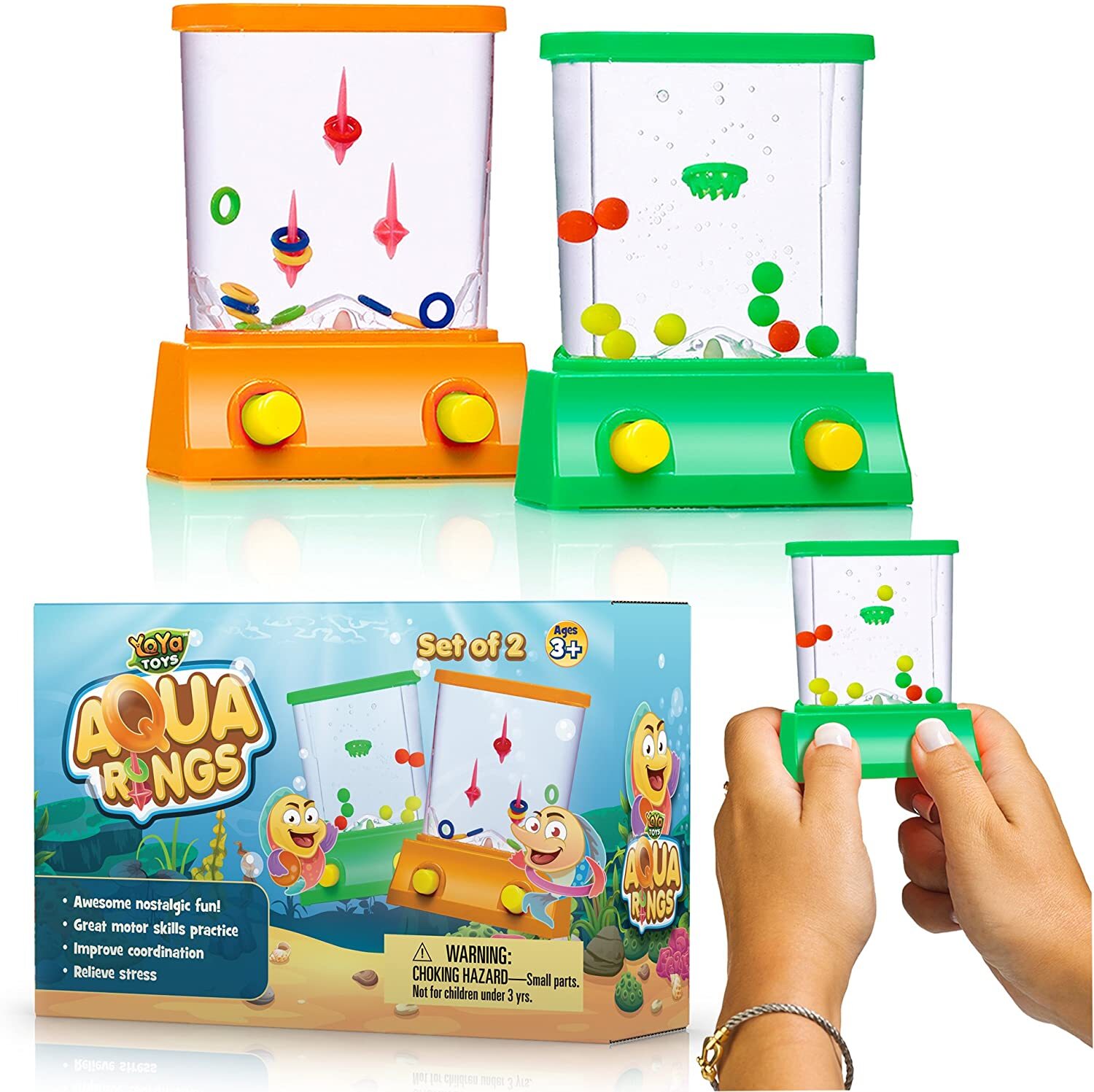 Two sets of Aqua Rings water games with orange and green bases. Packaging highlights child play and improved concentration