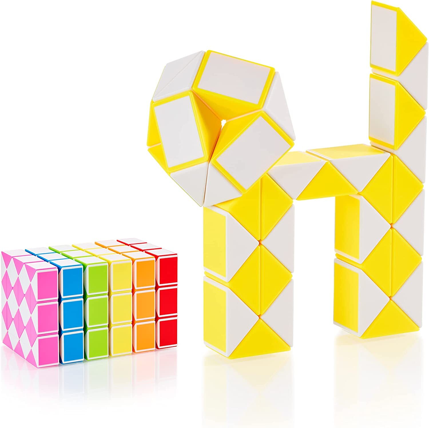 Two twisty puzzle toys: a Rubik&#x27;s-style cube with colorful patterns on the left, and a snake-shaped twistable toy on the right. Ideal for creative play