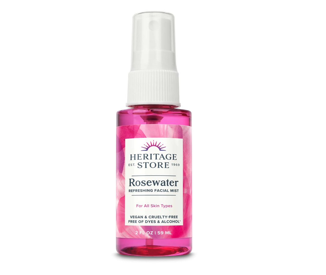 Heritage Store Rosewater Refreshing Facial Mist for all skin types in a spray bottle. Vegan and cruelty-free, free of dyes and alcohol. 2 fl oz