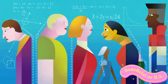 Illustration depicting people of different ages and ethnicities discussing math equations, with the text &quot;Beneficial or B.S.&quot; at the bottom right