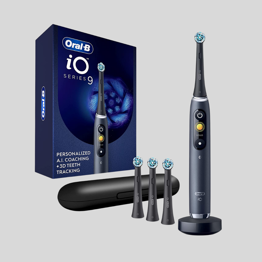Oral-B iO Series 9 electrical toothbrush acceptable with box, 3 other heads, and question case, featuring personalized A.I. coaching and 3D teeth tracking