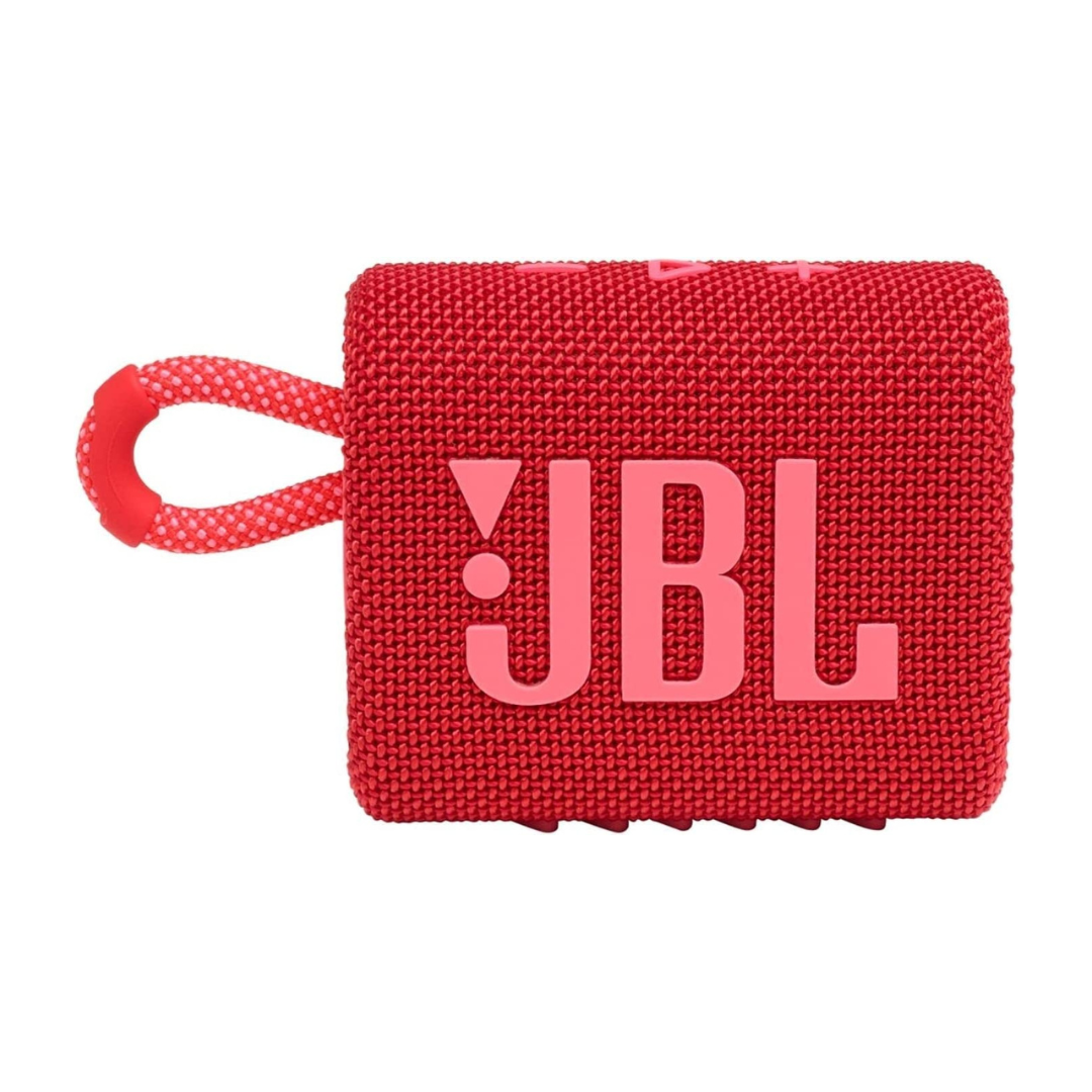 Portable reddish  JBL talker  with a loop handle, designed for casual  carrying and outdoor use
