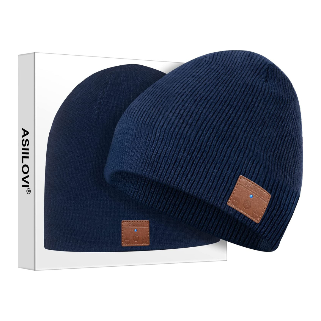 Two bluish  knit beanies with brownish  leather patches, presented successful  a achromatic  branded box. Perfect for fashion-forward acold  upwind  wear