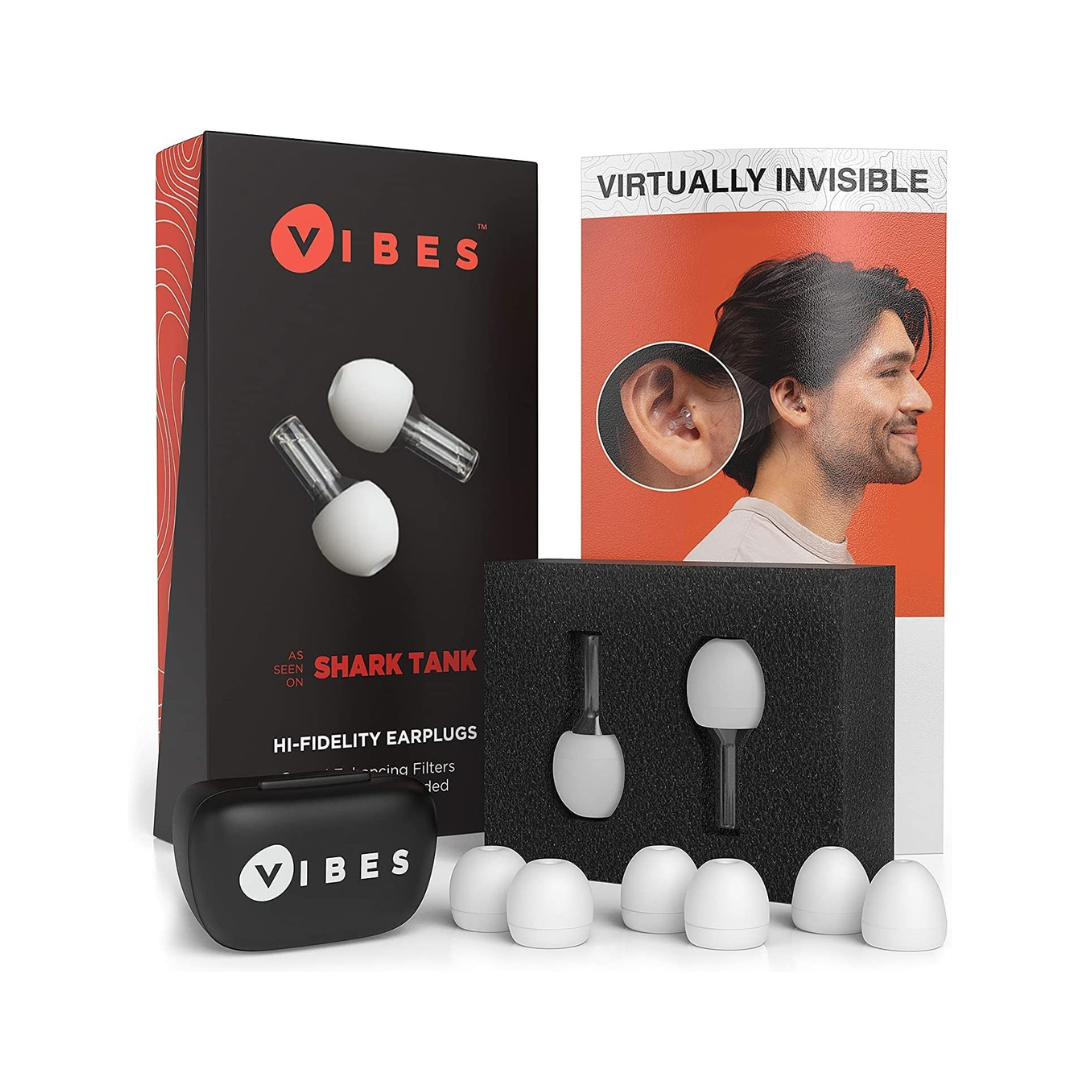 Vibes Hi-Fidelity Earplugs packaging shown with earplugs, retention  case, and selling  images highlighting discreetness and comfort