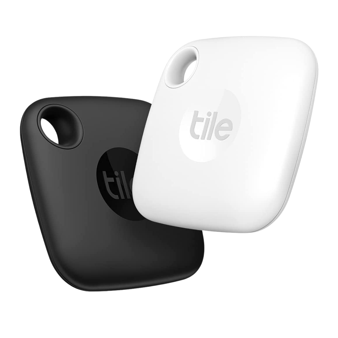 Two Tile trackers, 1  achromatic  and 1  white, are shown overlapping and floating, utilized  for locating mislaid  items