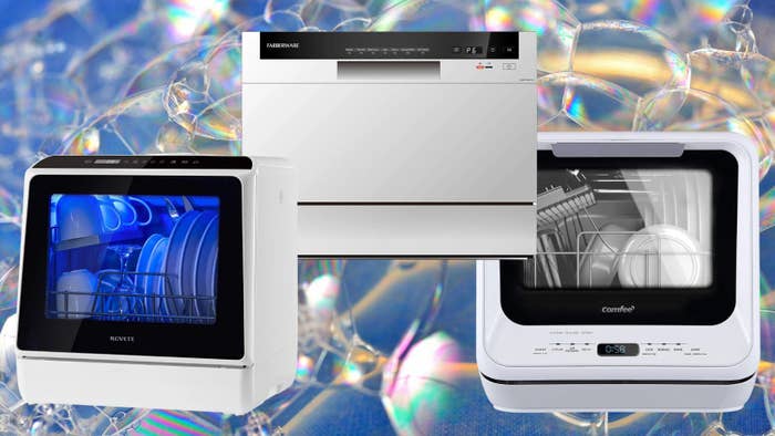 A Novete compact dishwasher, a professional dishwasher by Farberware and a Comfee countertop dishwasher.