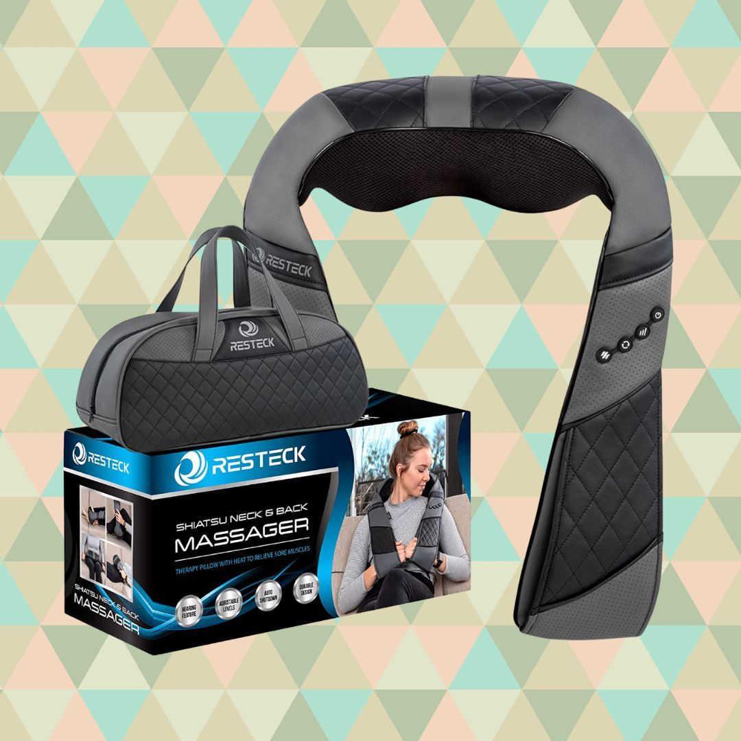 Shiatsu neck and back massager with carrying case and product packaging displayed