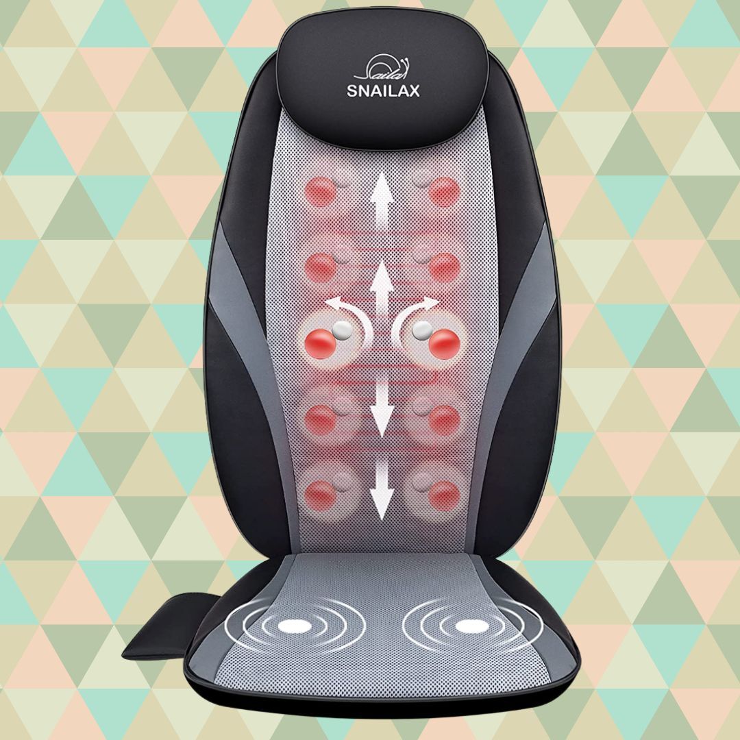 Snailax massage chair pad with heat and vibration functions, arrows indicating the massage nodes movement